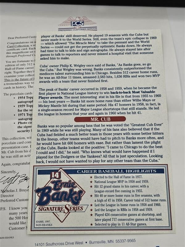 3x 1954 Topps #94 Ernie Banks RC Signed/Inscribed Porcelain Reprint Set LOA