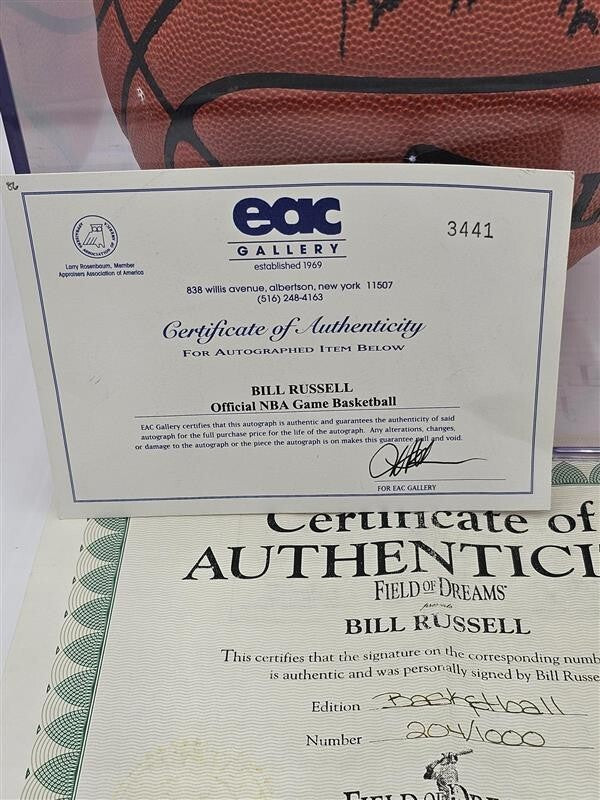 Bill Russell Autographed Signed Basketball with Display Case w/ COA Inscribed