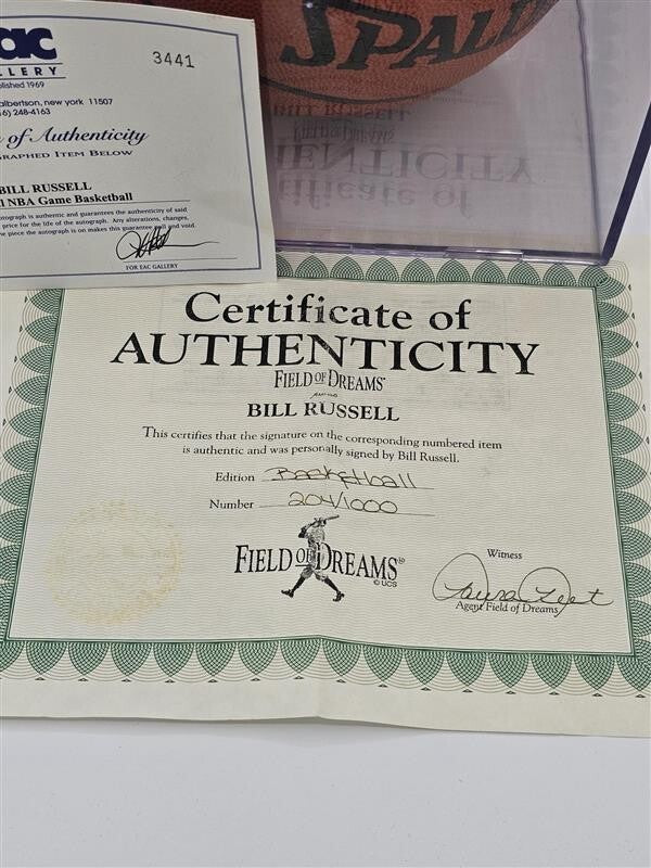 Bill Russell Autographed Signed Basketball with Display Case w/ COA Inscribed