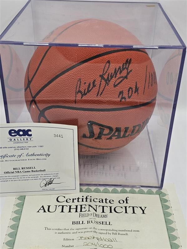 Bill Russell Autographed Signed Basketball with Display Case w/ COA Inscribed