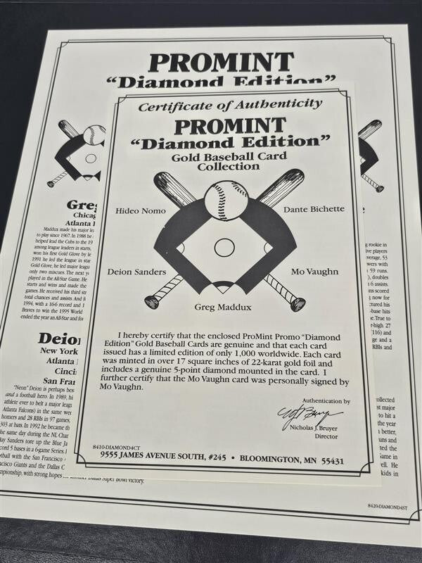 1997 BASEBALL DIAMOND EDITION SERIES 22K GOLD 10 CARDS Maddox, Ripken, etc w/COA