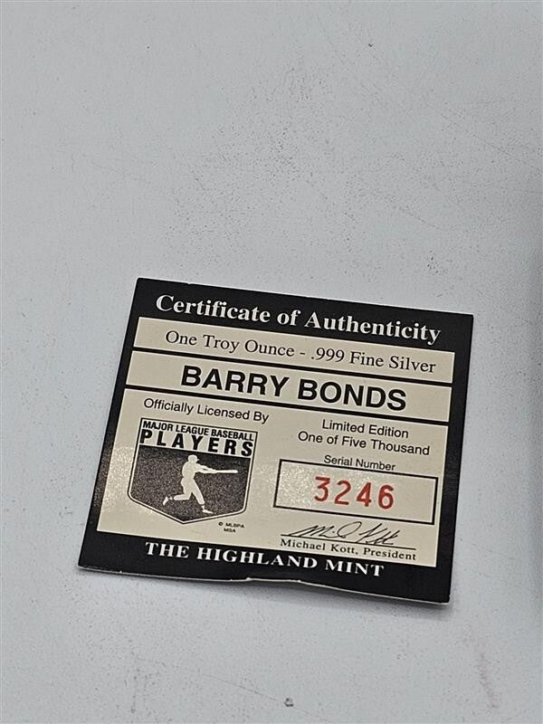 Barry Bonds The Highland Mint Silver Commemorative Coin .999