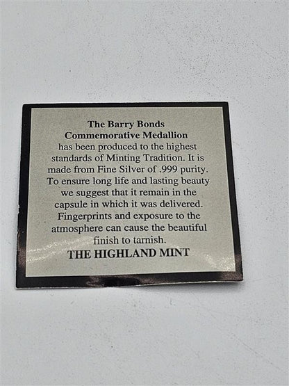 Barry Bonds The Highland Mint Silver Commemorative Coin .999