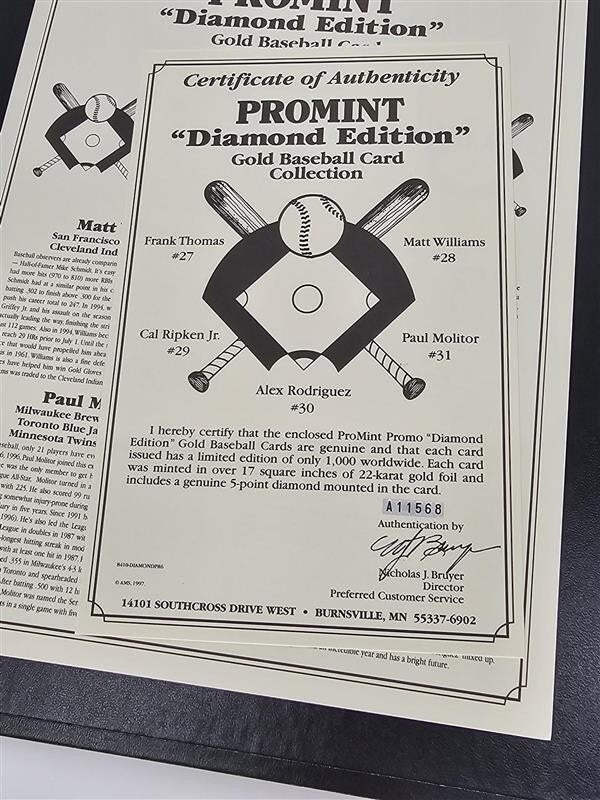 1997 BASEBALL DIAMOND EDITION SERIES 22K GOLD 10 CARDS Maddox, Ripken, etc w/COA