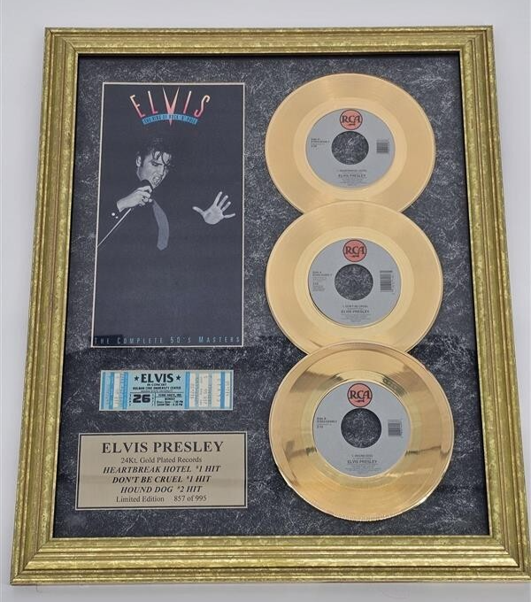 1992 Elvis Presley Limited Edition 3 - 24K Gold Plated Records and ticket